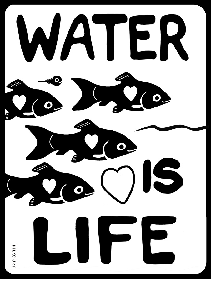 .  A logo design has the words WATER IS LIFE with whimsical images of fish with white hearts at their centres at the centre of the logo.