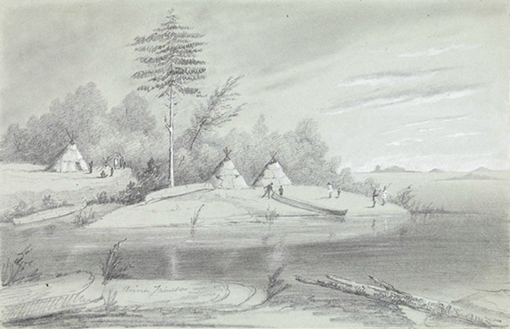 Black and white drawing. Encampment on a lake shore. A lake is in the foreground with an island or point of land at centre and with distant hills or islands on the right. There are three conical tipis in the centre, surrounded by people and canoes. Trees and forest stretch off into the distance.
