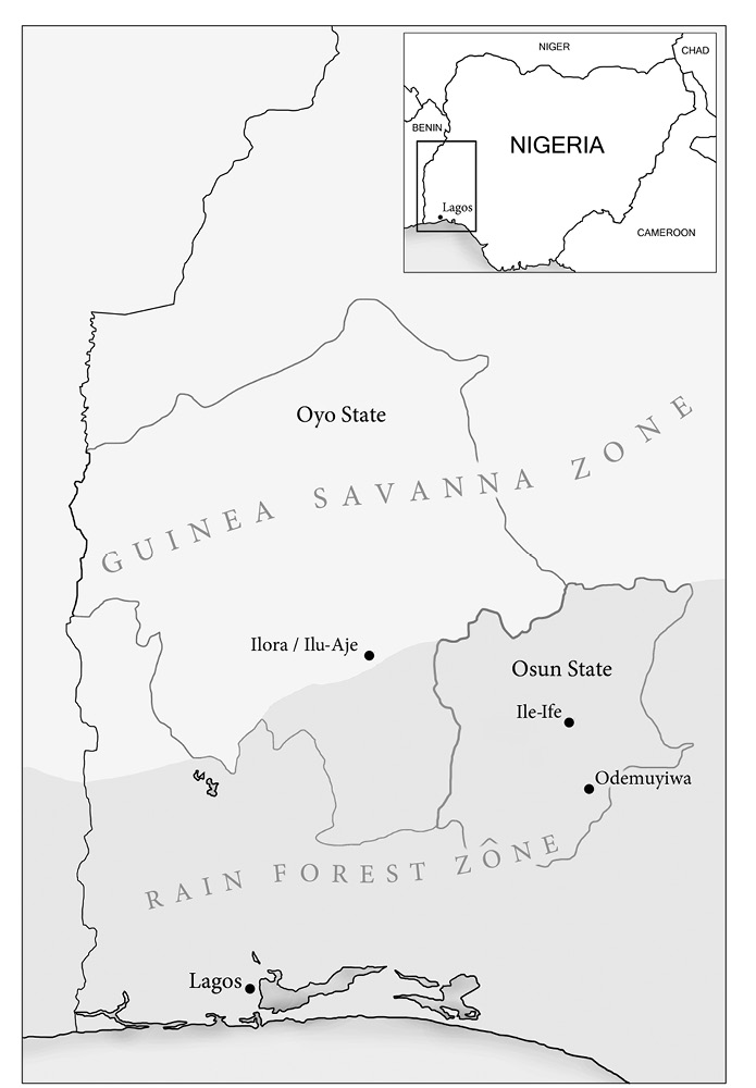Black and white map: Map of southwestern Nigeria shows Ilora / Ilu-Aje, Ile-Ife, Odemuyiwa, and Lagos.