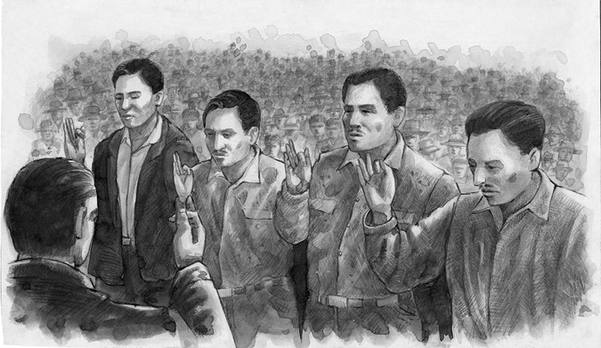 A drawing of four peasant leaders, who are swearing-in to their positions in an outdoor ceremony attended by a crowd of peasants.