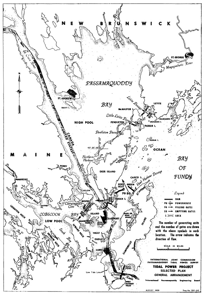 This map shows Passamaquoddy Bay and the Bay of Fundy in Maine and New Brunswick and the location of the proposed two-pool international Passamaquoddy tidal power project.