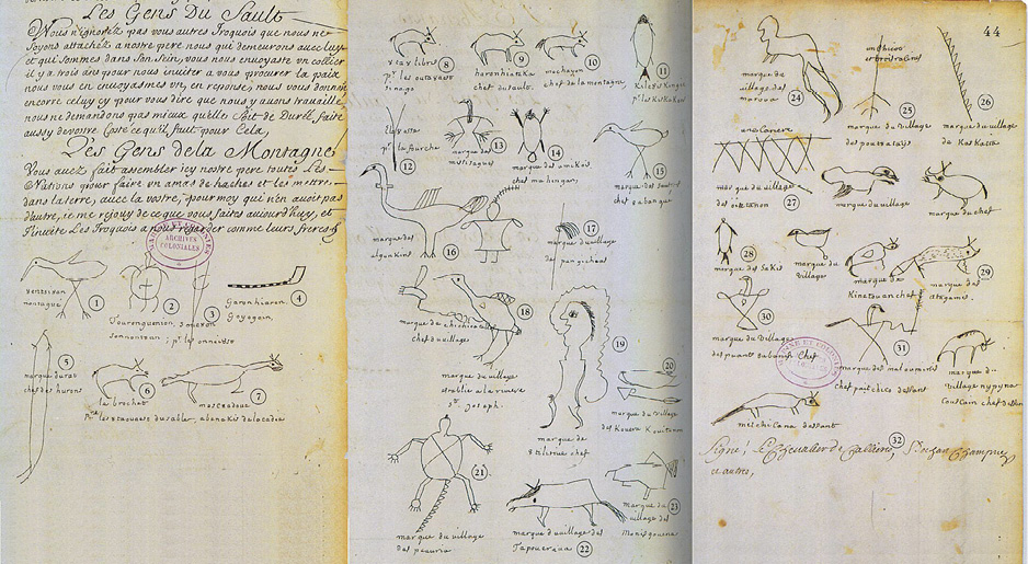 Colour Photograph. Photo of a three-page document. The top of the first page has two paragraphs of handwritten French text, while the rest of the pages are filled with Doodem marks, sketch illustrations of animals or other beings, in place of signatures.
