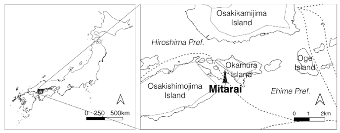 Black and white map, on the left is a map of Japan, the right shows a magnification of south-eastern Japan, Mitarai is highlighted at the centre, surrounded by Hiroshima Pref., Ehime Pref., Osakishimojima Island, Okamura Island, Oge Island, and Osakikamijima Island.