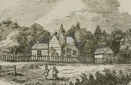 Black and white drawing. A log or clapboard house and a small barn or outbuilding behind a fence, surrounded by trees. There is a field in front of the house, and two small figures are standing there, one holding a pitchfork. 