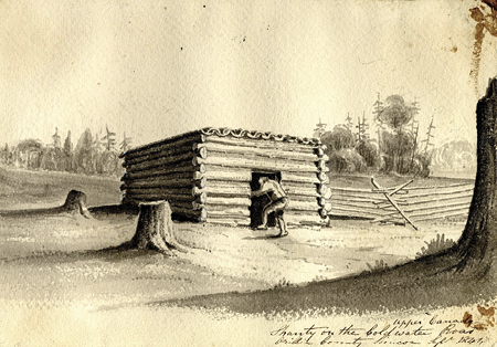 Black and sepia drawing. A man is entering a small log cabin with a door opening, a flat roof, and no windows. There are tree stumps to the left of the house, and there is a wooden rail fence to the right. In the far background there is a stand of trees.