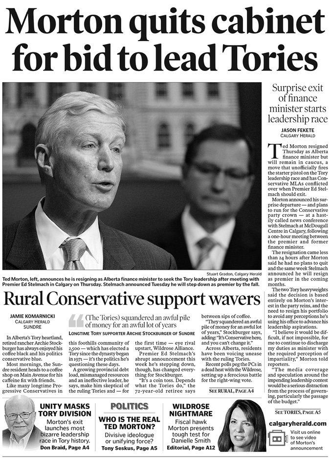 Black and white newspaper clipping. The headline is “Morton quits cabinet for bid to lead Tories.” An image shows Ted Morton speaking, with Ed Stelmach looking on in the background. The subheading says “Surprise exit of finance minister starts leadership race”. The article is written by Jason Fekete