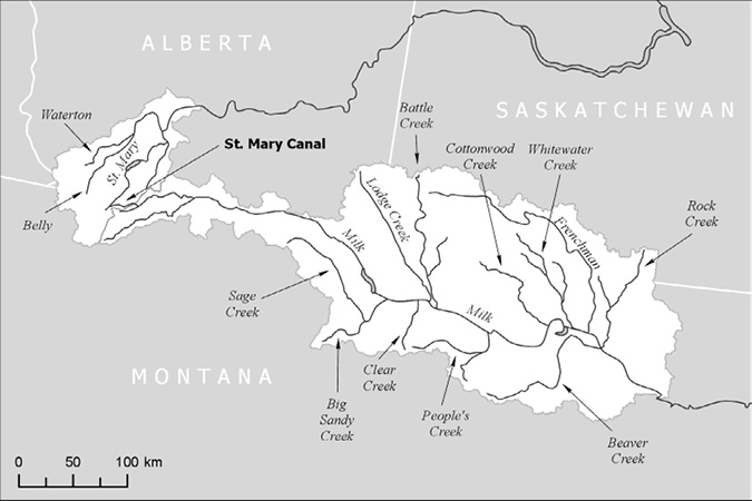 This map shows the St. Mary–Milk watershed in the provinces of Alberta and Saskatchewan and the state of Montana, including the tributaries and the St. Mary Canal.