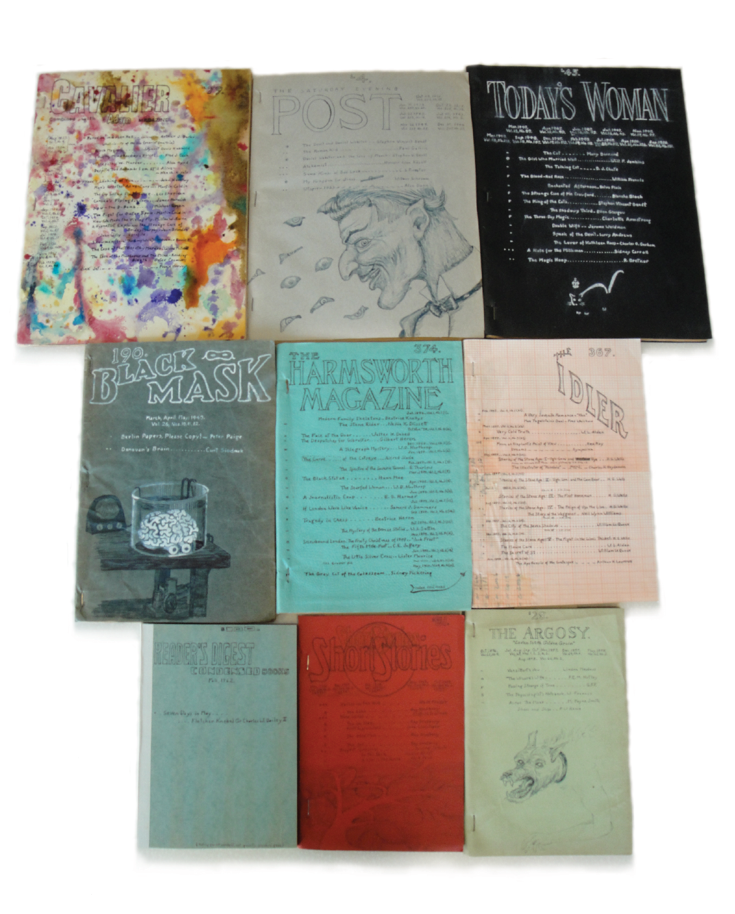 Colour photograph: Eight hand drawn notebook covers, each with a title from a contemporary magazine.
