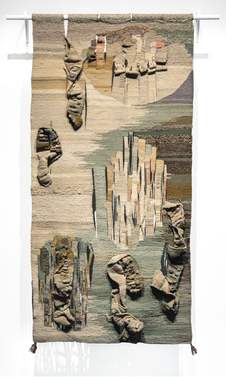 Photo: a tan, sage-green, and brown piece with 3d elements.