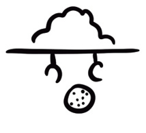Black and white line drawing: A cloud with two arms reaching down from it. There is a circle filled with small dots below this.