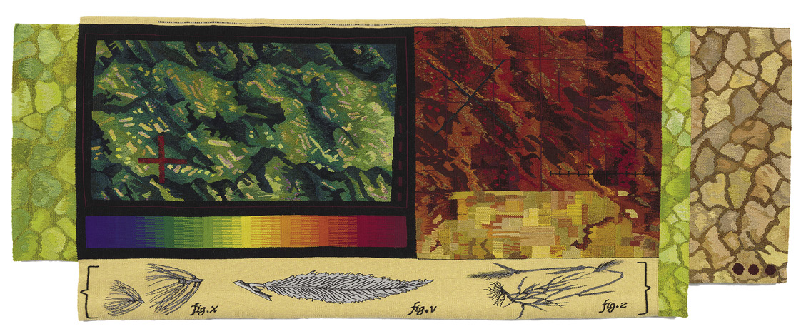 A multi-coloured artwork of layered squares of colour: lime green, dark green, red, tan, and yellow. Each piece is patterned with rocks, feathers, land formations. 