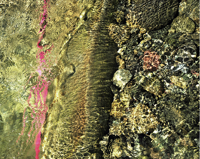 The edges of a piece of red survey tap, submerged in the water shift and change as the water moves.