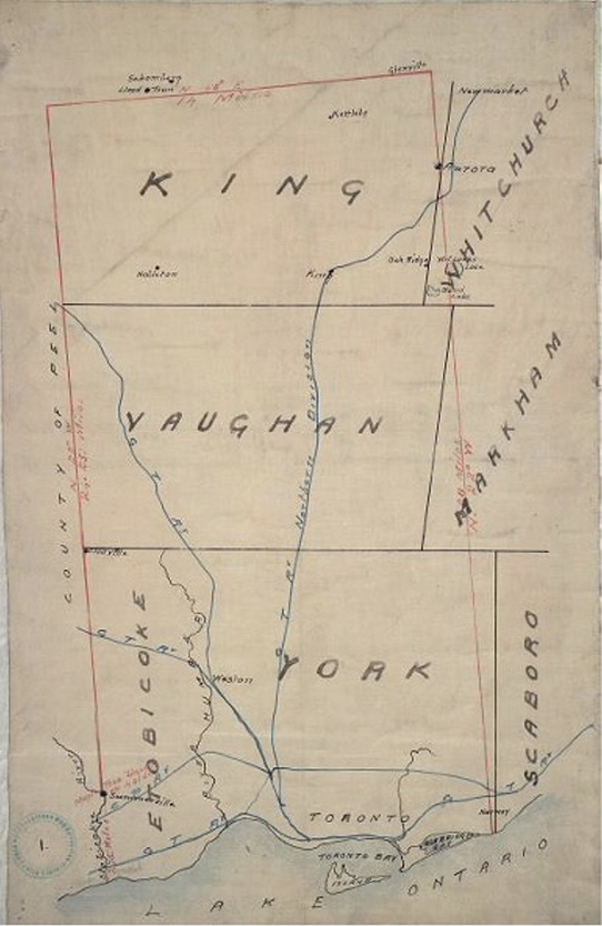 Colour map. Early twentieth century map of Lake Ontario and the Toronto region, showing the area purportedly ceded through the Toronto Purchase of 1805 in red. The boundaries of King, Vaughan, and York townships are outlined in black. Parts of other townships are shown on the sides of the map.