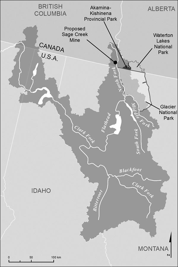 This map is a close-up view of the location of the proposed Sage Creek coal mine within the Flathead River Basin.