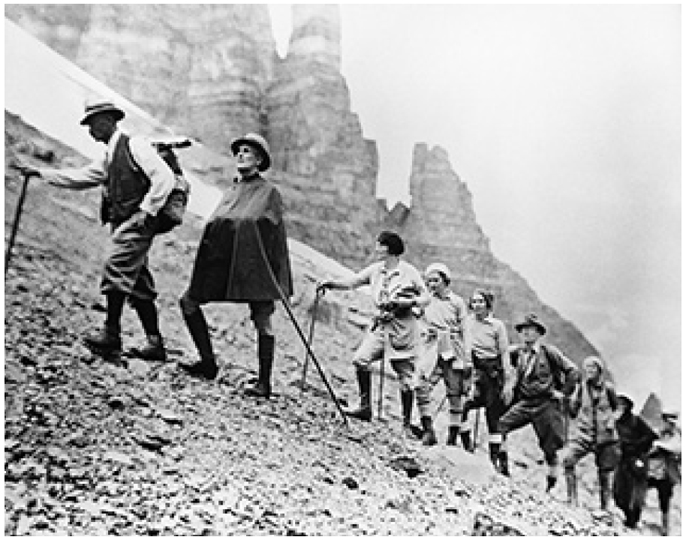 People use sticks and walk in a single file on an upward slanting terrain.