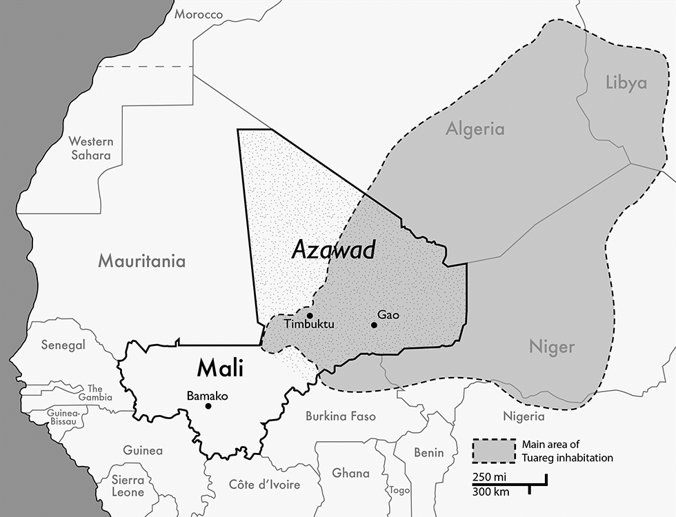 This map shows the Sahel and Sahara region of West Africa.  The country of Mali, located centrally, is outlined in bold with its major cities Bamako in the South and Timbuktu and Gao in the North illustrated with with dots.  The Northern Half of the country is in greyscale to illustrate the claimed state of Azawad.  In addition, there is a larger grey patch stretching westward and touching Northern Mali, Niger, Algeria, and Libya, which illustrates the regions that the Tuareg, or Kel Tamasheq, inhabit.