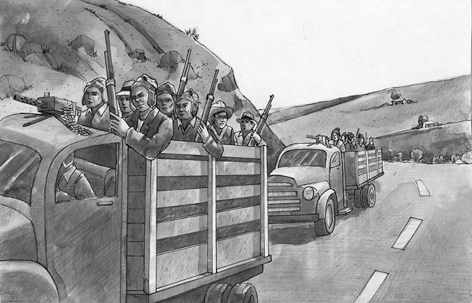 A drawing of two trucks, with machine guns on the top of their cabins and loaded with fully armed militiamen, driving down a rural road.