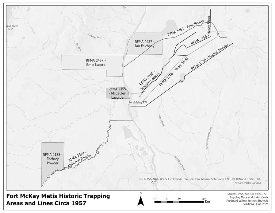 This black and white map illustrates the Fort McKay Metis Historic Trapping Areas and Lines circa 1957. The map features a network of bold black lines representing trapping routes across a light topographic background that includes faint outlines of rivers, creeks, and terrain elevation. Key areas are delineated with rectangular boxes. The map is oriented with a north arrow and a scale bar indicating a distance marker in kilometers. Names and trapping area numbers are labeled along the routes and within the boxes, identifying specific individuals or groups associated with each area. Sparse text labels provide additional geographical reference points, such as waterways and minor landmarks.