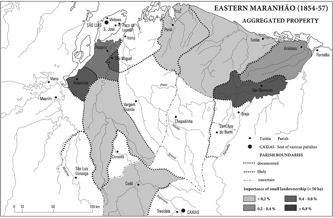 Black and white map. Map of Eastern Maranhão, showing a coastal area with many rivers and settlements. Coloured patches illustrate the prevalence of small landownership, with darker colours showing higher rates of small landownership. Large patches are present on the north and west of the map. Darker patches are centred in these areas, around Anajatuba, São Miguel, and São Bernardo. 