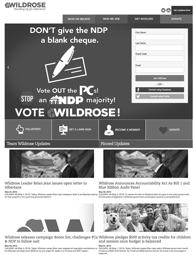 A screenshot of the Wildrose Party Website.