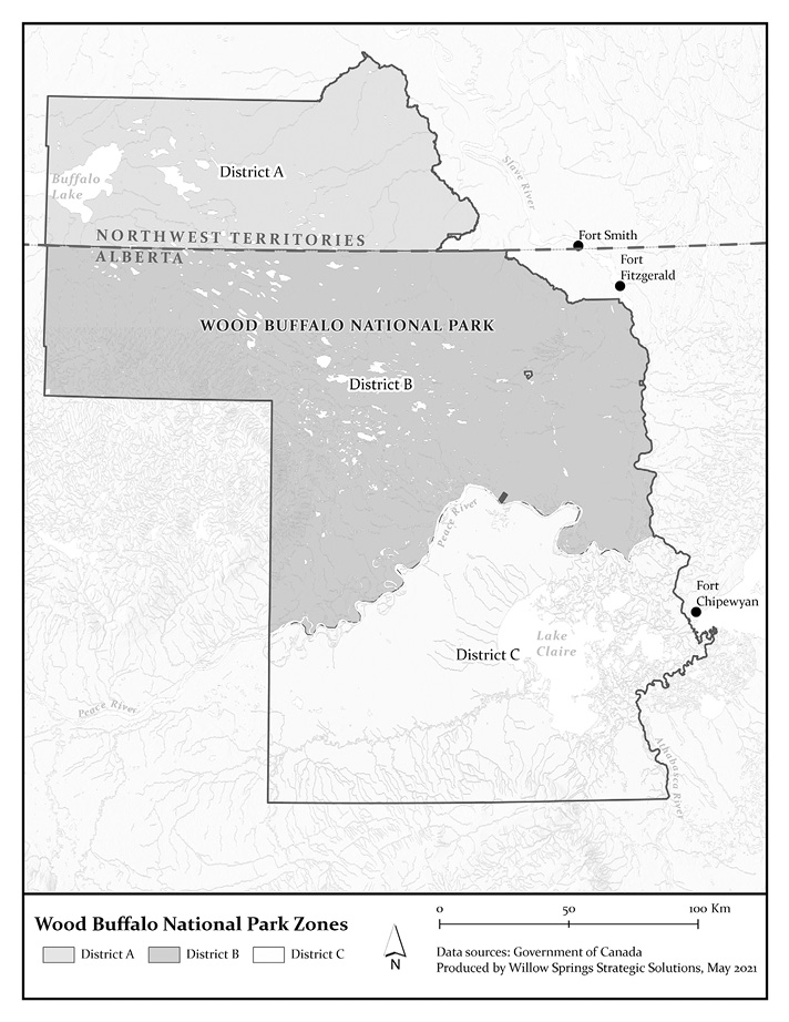 Black and white map: Map of permitting zones A, B, and C established to differentiate among access rights for harvesting after the 1926 expansion.