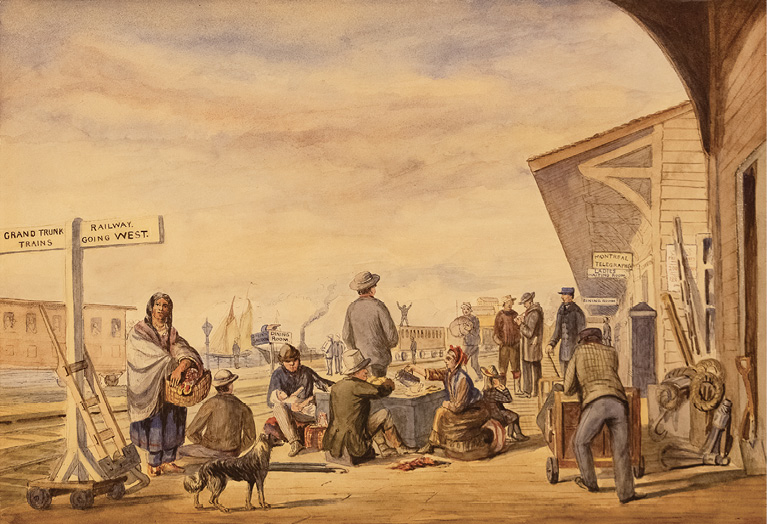 Colour painting. A busy platform at a railway tation, with people standing waiting, sitting, and pushing carts, as well as a dog. Railway tracks run to the left, and an Indigenous woman with a shawl and a basket of wares is standing next to them. The clapboard train station buildings are on the right of the scene.
