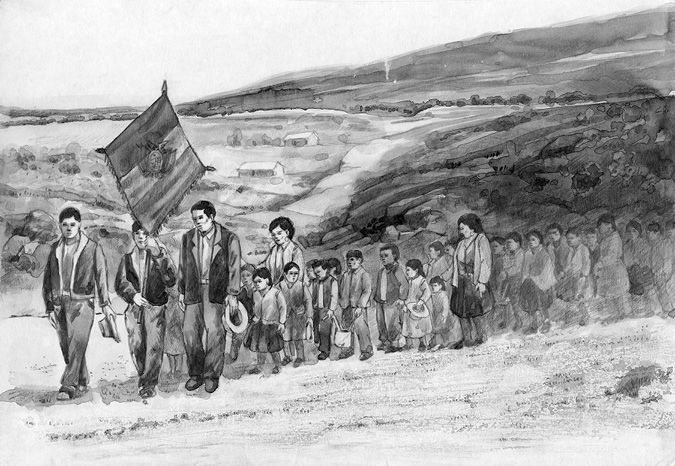In a magnificent mountainous landscape, three men (one of whom is carrying a banner) lead a long line of young children, who are marching under the supervision of two women.