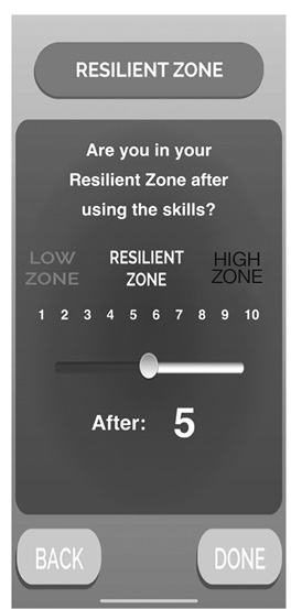 Black and white image showing screenshot of a smartphone app. The top of the image is labelled Resilient Zone, and below it asks “Are you in your Resilient Zone after using the skills?” Below this is a sliding bar, with numbers between 1 and 10, graduating between Low Zone, Resilient Zone, and High Zone. The slider is set at 5, labelled, After: 5.