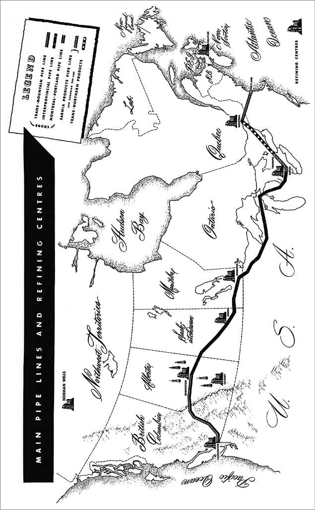 This map shows the major oil pipelines in Canada in 1956, including the Montreal-Portland line built in the 1940s, the Interprovincial built in 1949-51 to carry oil from Alberta to central Canada and the Trans Mountain pipeline to carry oil from Alberta to the west coast of British Columbia. Imperial was involved in most of these ventures, as the major developer or a partner.