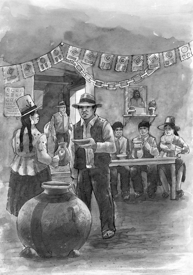 A drawing of a native town woman holding a jug and greeting a peasant customer by serving him a glass of maize-beer. In the festive atmosphere of the tavern, a large pitcher of chicha and the parishioners sipping the drink stand out.