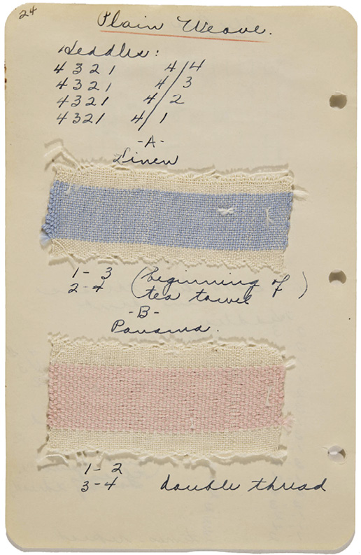 Photo : une carte avec trois trous percés sur le bord droit. Le titre se lit « Plain Weave » avec deux pièces de tissu, l’une étiquetée « Linen », l’autre « Paverna ». Des instructions et des chiffres manuscrits figurent au-dessus et au-dessous du tissu.