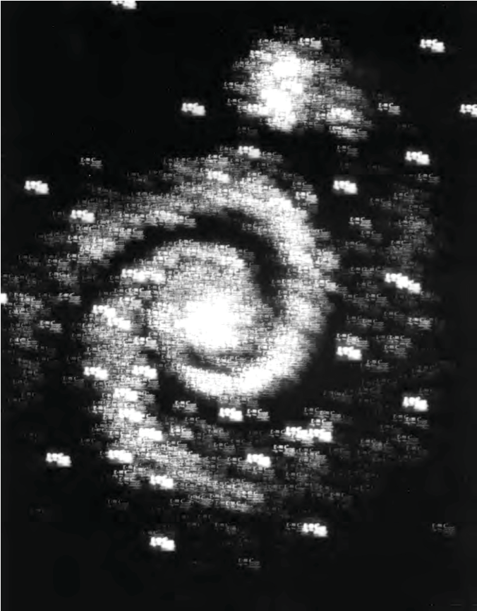 Black and white photograph: Pinhole photograph of a galaxy, made up of images of the formula E=mc squared.