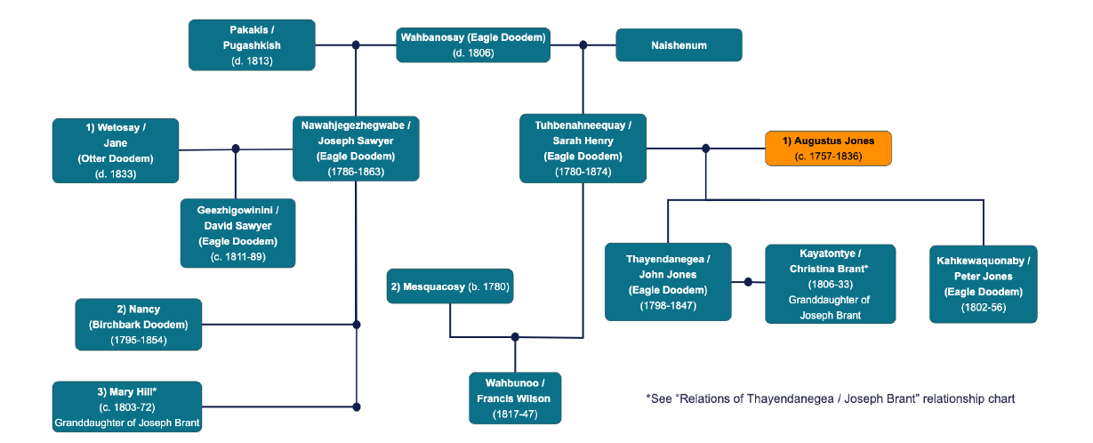 Colour diagram. Family tree style diagram showing relations of Augustus Jones, who is highlighted in yellow on the right side of the diagram. His children with Tuhbenahneequay/Sarah Henry are shown, and her relations are shown on the left side of the diagram.