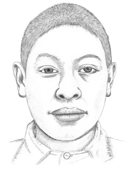 Black and white photograph of a drawing: Simple drawing of the head and face of a young Indigenous male.