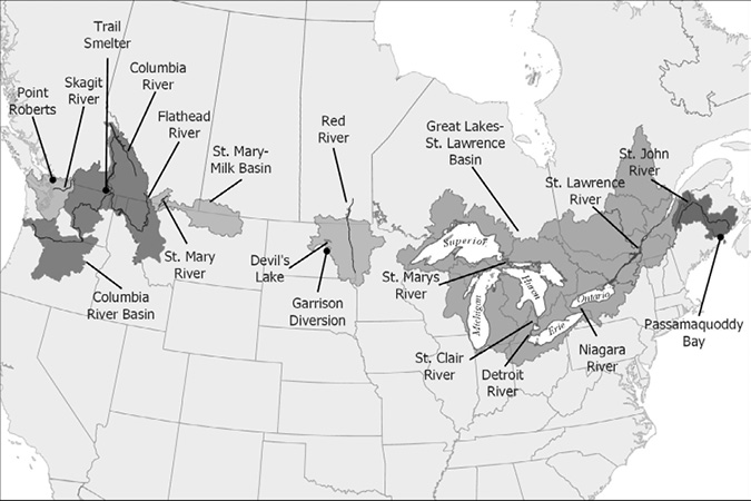 This map of Canada and the United States shows all the shared watersheds covered in this book.