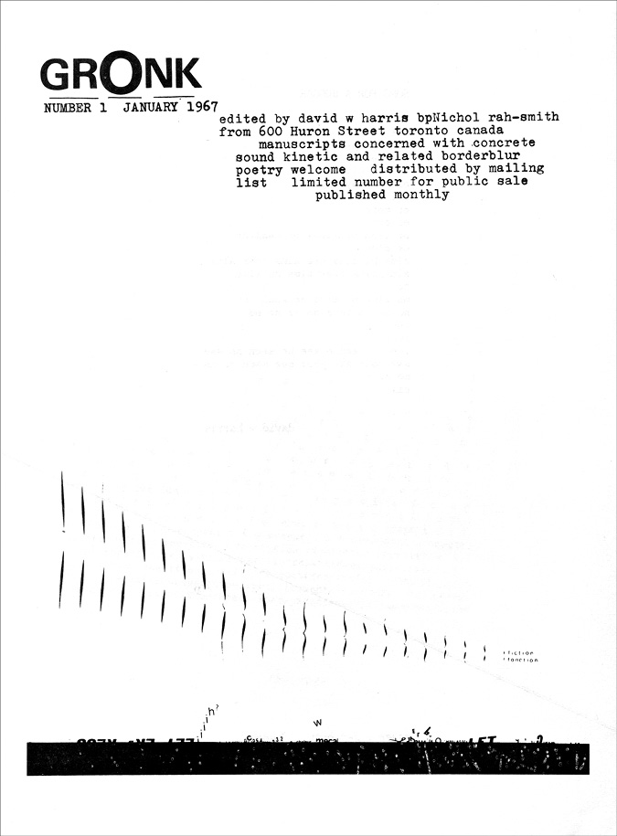 Black and white page scan: Front cover of the first issue of grOnk magazine with title, date, editorial and publication information, and a design of wobbly vertical lines, and a black bar at the bottom.
