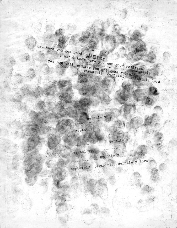 Black and white page scan: A page is covered in typewriter tape smears becoming more concentrated at the middle, with typewritten text.