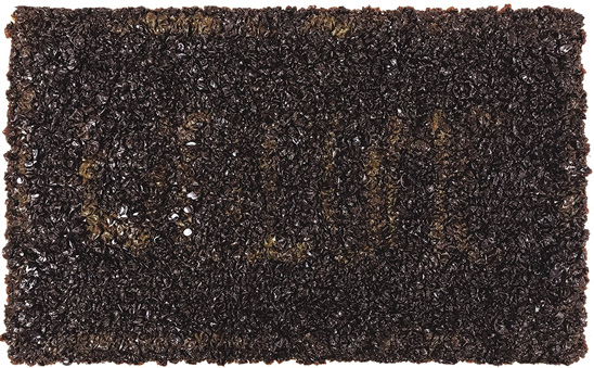 Photo: a dark brown door mat with barely visible lettering.