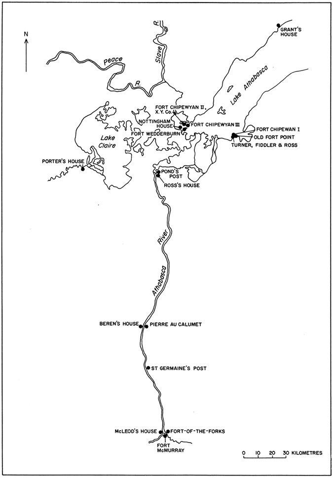 The image is a black-and-white hand-drawn map showing a network of rivers, lakes, and various locations marked along them. At the top left, the Peace River is depicted, flowing downwards and joining into the Slave River. Lake Athabasca is at the top right, with various forts and houses marked nearby, including Grant’s House and Fort Chipewyan I. Lake Claire appears to the left with Porter’s House nearby. The Athabasca River runs vertically through the center of the map, connecting various posts and houses such as Pond’s Post, Ross’s House, Beren’s House, Pierre au Calumet, and Fort McMurray. A scale is located at the bottom right, indicating distances in kilometers.