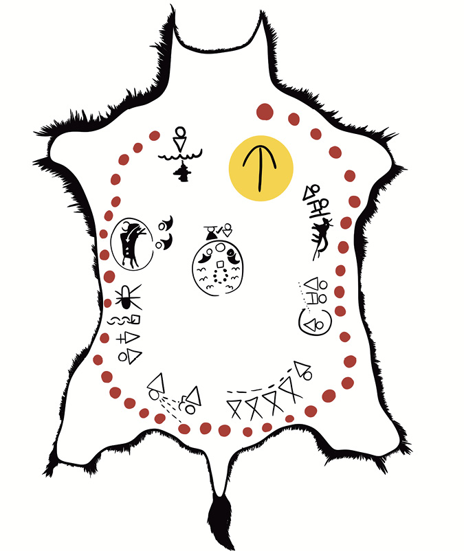 Cultural Symbols: Line drawing of a buffalo hide, with the chapter symbols drawn in Blackfoot style around the edge. They are arranged in a clockwise fashion from beginning to end, beginning and ending at the top of the hide. A circle of red dots surround these. The symbol for Chapter 1 is highlighted.