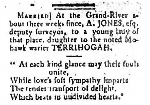 Black and white image. A wedding announcement from a late eighteenth century newspaper, with the announcement in the first paragraph, and a quote from a poem in the second.

