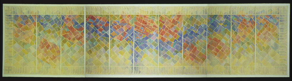Photo: long artwork made up of 11 panels. It is primarily a tan colour with red, blue, and yellow misshapen squares.
