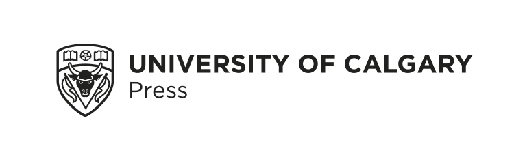Logo: University of Calgary Press - Black line drawing: A shield with a bull head in the centre, flanked by flags, with open books in the top corners and a flower between them.