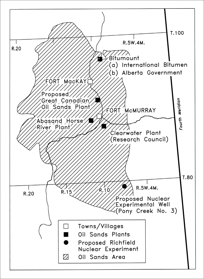 This map, prepared for David Breen’s History of the Alberta Conservation Board, shows the major sites of the early development of the oil sands, including Abasand and Bitumount as well as the (future) Great Canadian Oil Sands site, which was eventually taken over by Suncor, as well as the Pony Creek site, scene of a proposed nuclear explosion in the 1950s.