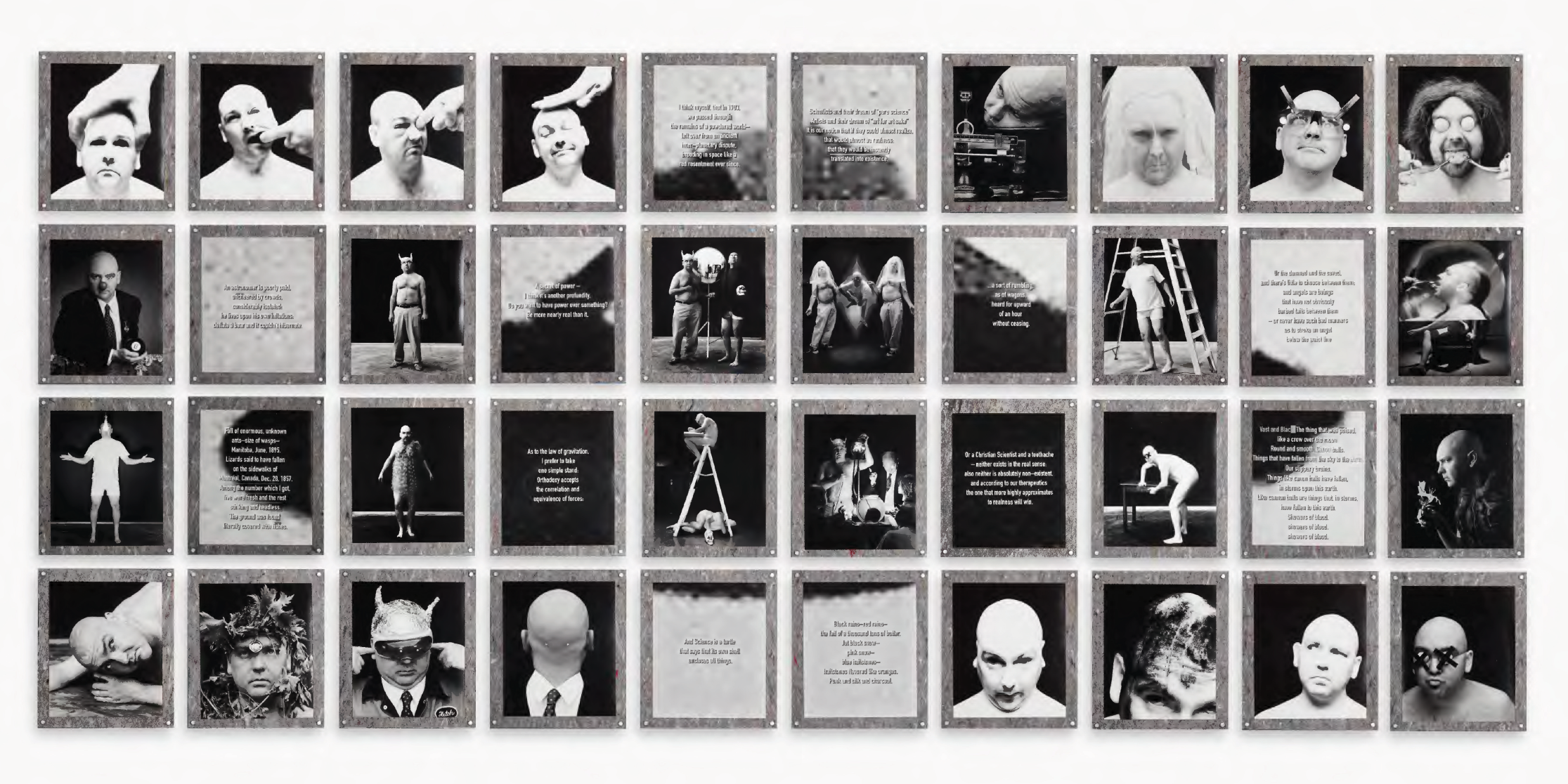 Black and white photograph: Grid of 4 rows of ten black and white photographs (forty in all).  The same person is in each, either head shots or full-figure shots, sometimes with multiple images of the same person in different outfits. Some of the images have text.