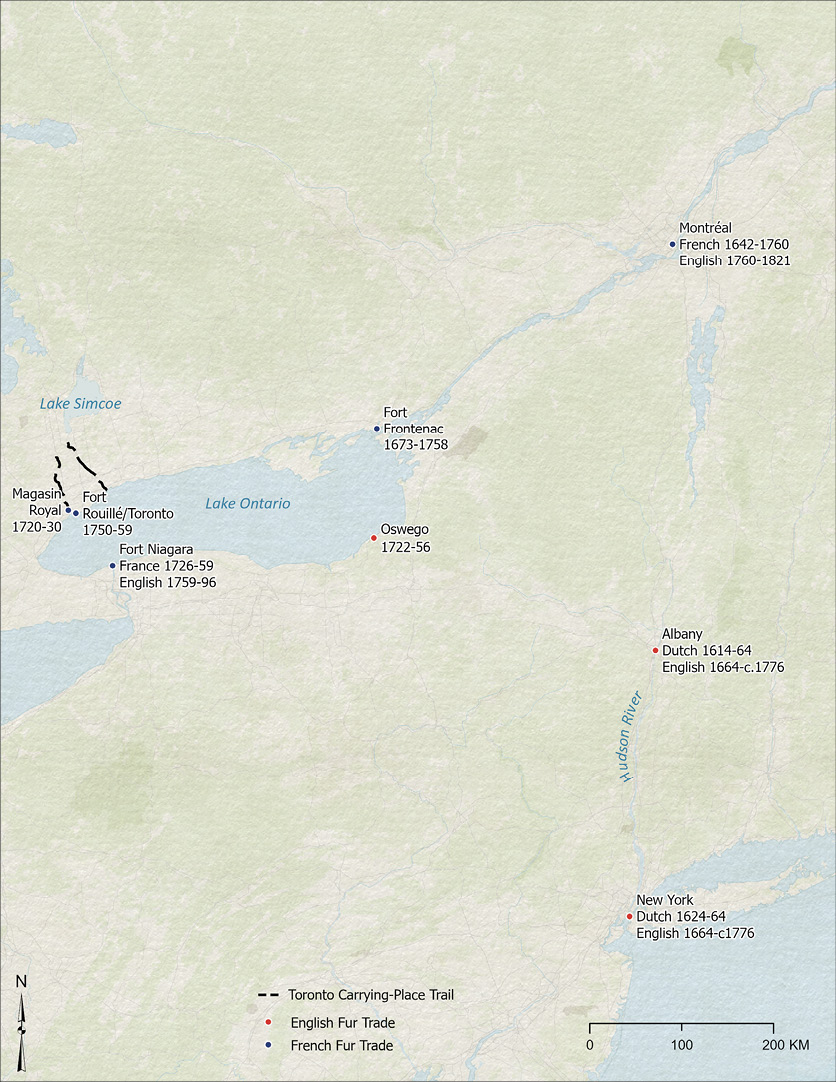 Colour Map. Map of Lake Ontario and New York State. Locations of French and English trading posts, such as New York, Albany, Montreal, Oswego, and Fort Niagara, and their dates of occupation are shown. The Toronto Carrying Place Trails are also shown.