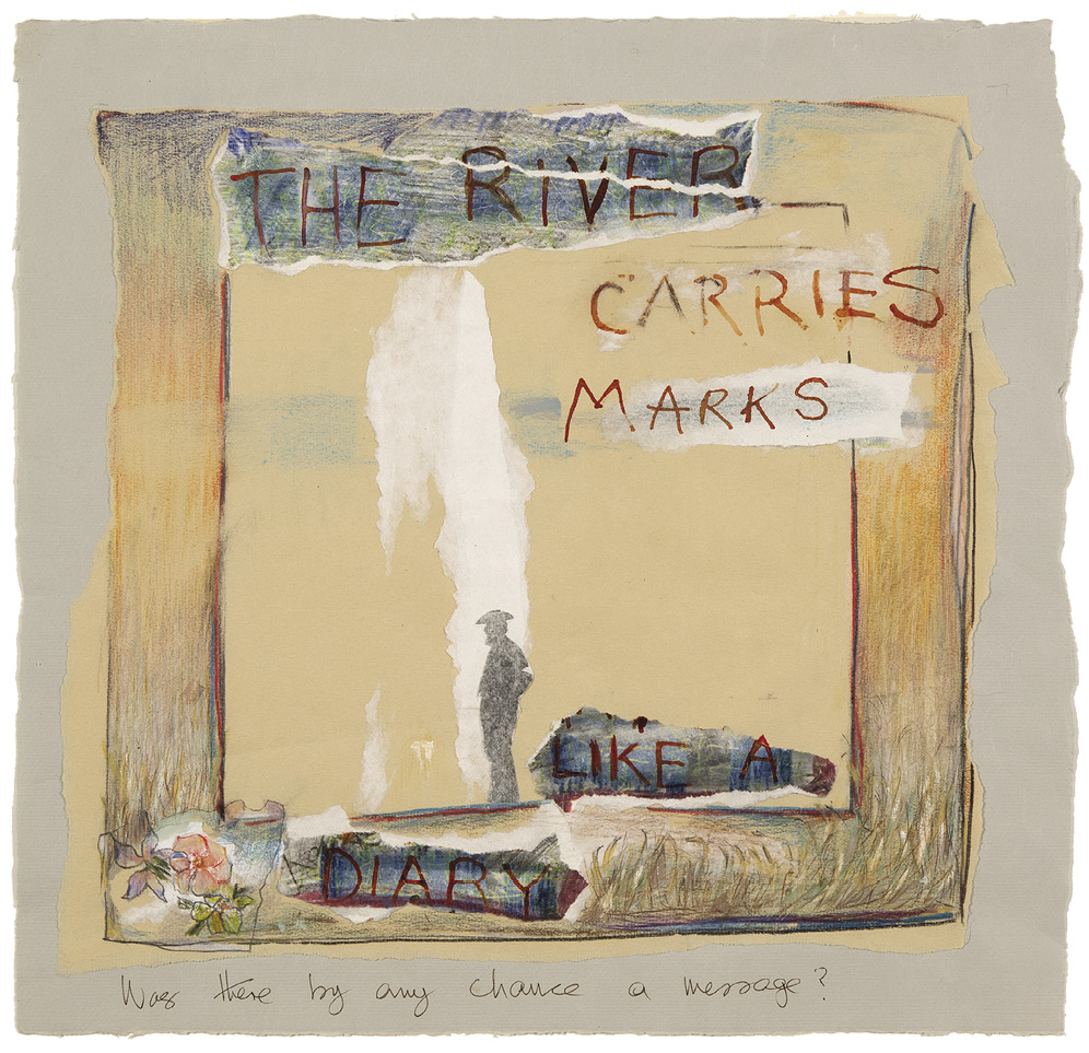 Photo: a sketch of a frame with a flower in the bottom left corner and a beam of light on a man with a hat. Text reading, “The River Carries Marks Like a Diary”, and a caption, “What there by any chance a message?”