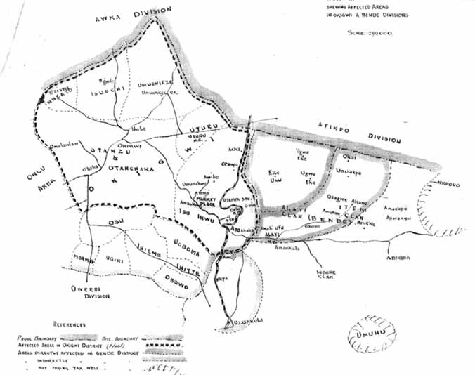 A map that marks the areas affected by Woman's revolt in Okigwe and Bende Divisions