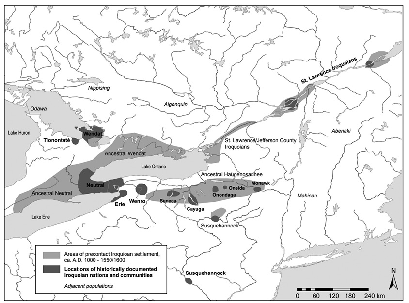 Black and white map. Map of the St Lawrence and Great Lakes area showing the major rivers, lakes, and historic locations of First Nations groups. Iroquoian settlement is shown with shaded swatches, and these are concentrated around the St Lawrence River, to the north of Lake Erie and Lake Ontario, and around the Finger Lakes south of Lake Ontario.