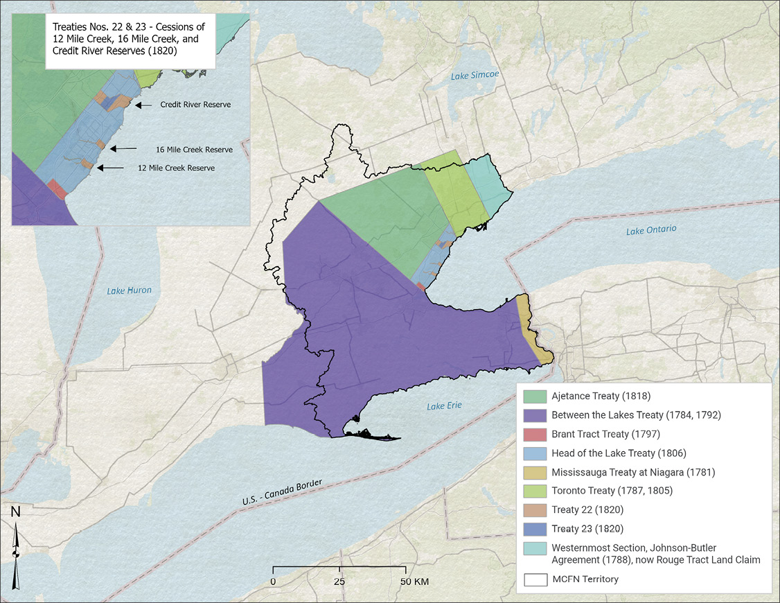 Colour map. Map of southern Ontario, with the land to the west of Lake Ontario highlighted. There is a large purple area showing the lands ceded through the Between the Lakes Treaty, and a number of smaller coloured patches to the east of this indicate other land cessions. There is a magnification of the Credit River area on the top left inset map, and a key to the colour coding in the bottom right.